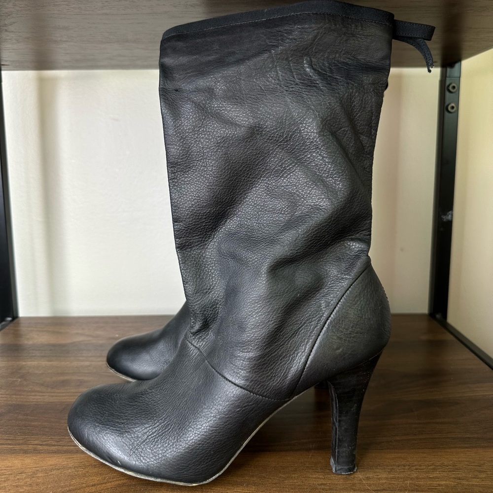 French Connection Mid Calf Black Leather Heel Boots 40